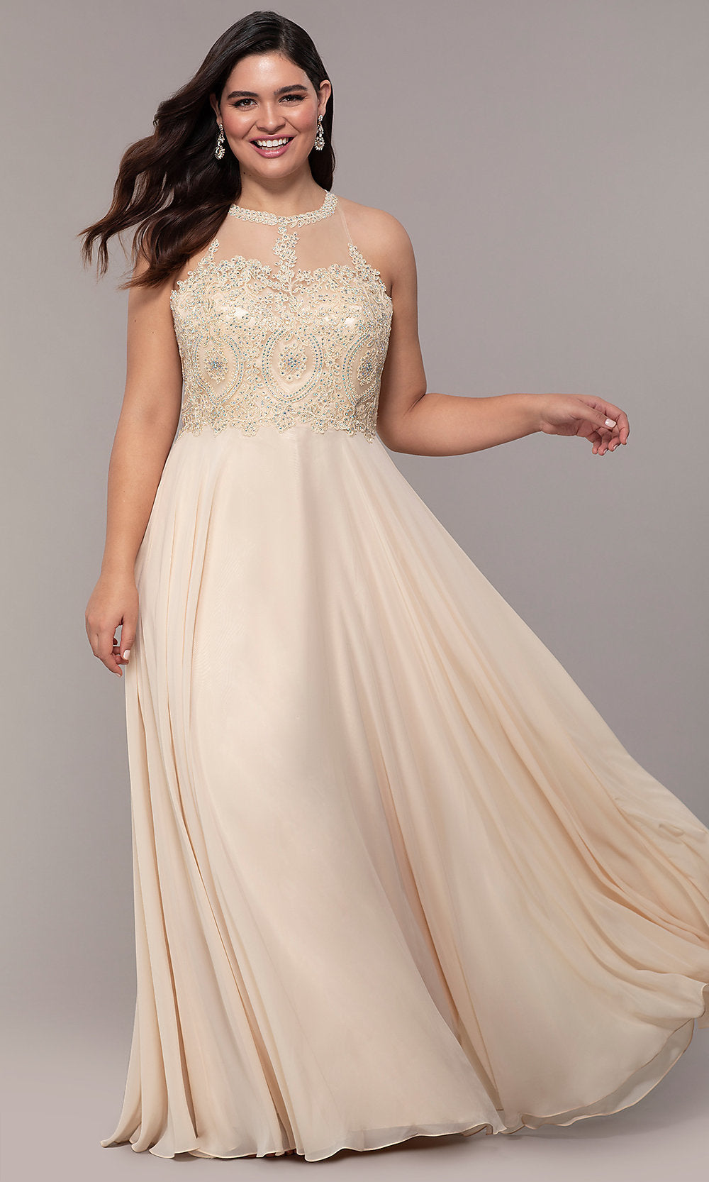 A woman models the Long Chiffon Embroidered-Bodice Prom Dress, a sleeveless, floor-length beige gown with an embellished bodice and flowing skirt, set against a neutral background.
